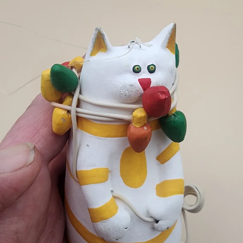 Tabby Cat Tangled‎ In Christmas Lights Ornament Legs Tail Movable Bell Like